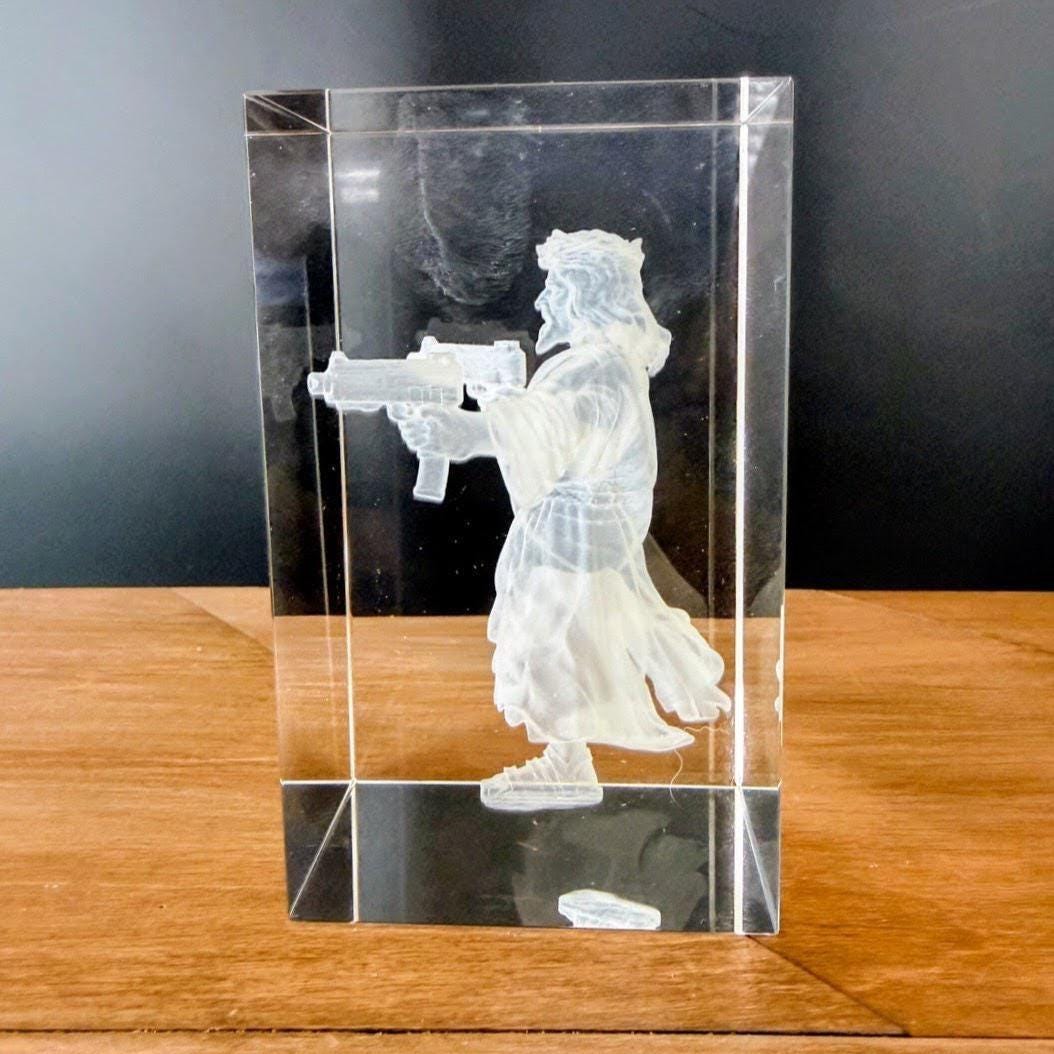 Uzi Jesus Glass Engraving | HeyZoos Dungeon Crawler Carl Crystal | 3D Laser Engraved Cube | Gamer Gift | Fantasy Collectible