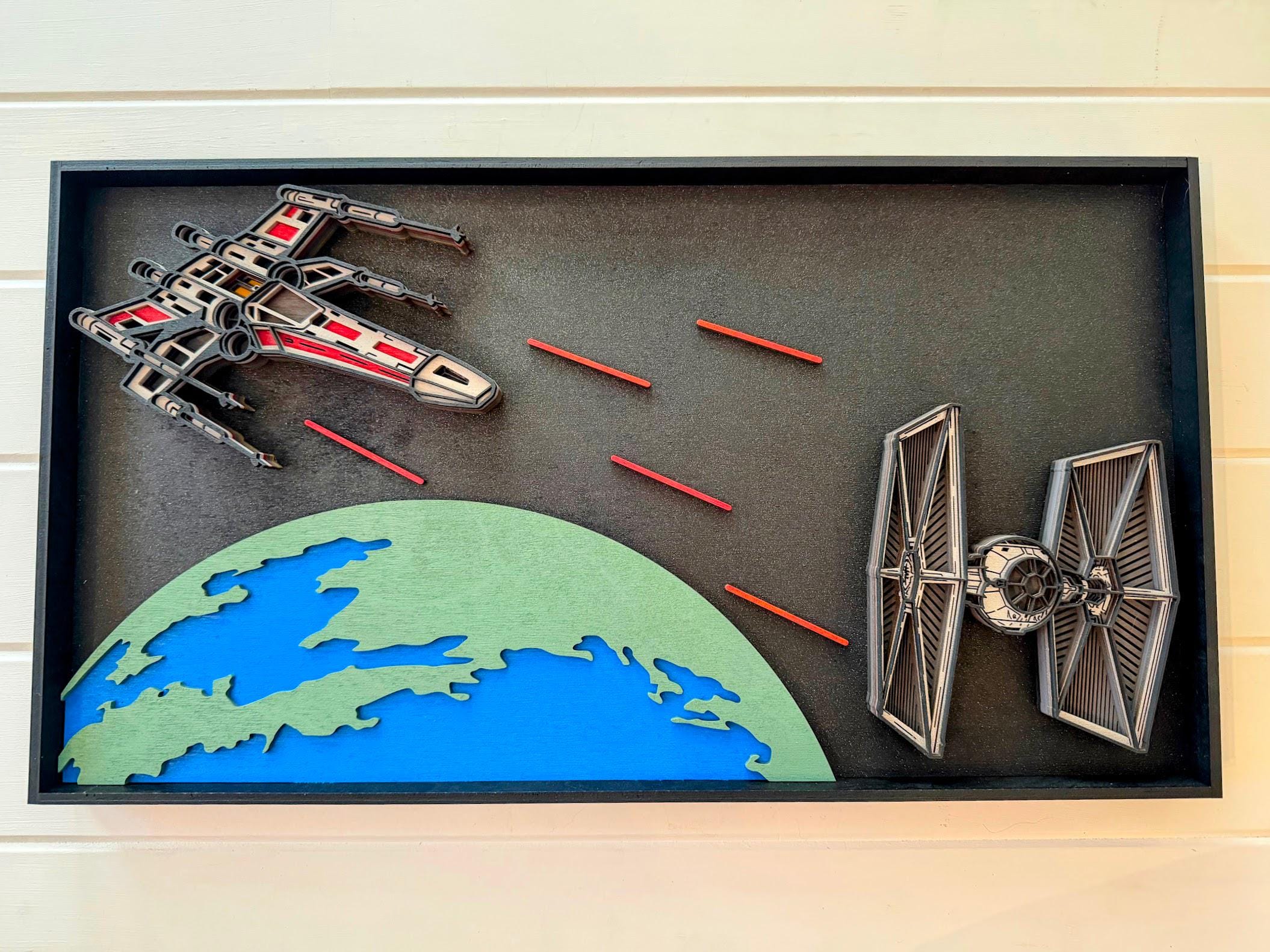 Star Wars Inspired X-Wing vs TIE Fighter Wall Art | Layered Wood Space Battle | Yavin Planet Scene | Laser Cut Sci-Fi Decor
