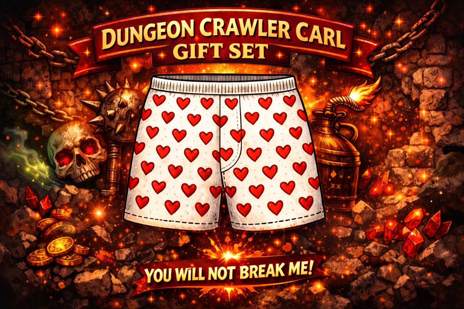 Dungeon Crawler Carl Gift Set – Heart Boxers Tumbler, Pin, Keychain – Nerd Fandom Merchandise