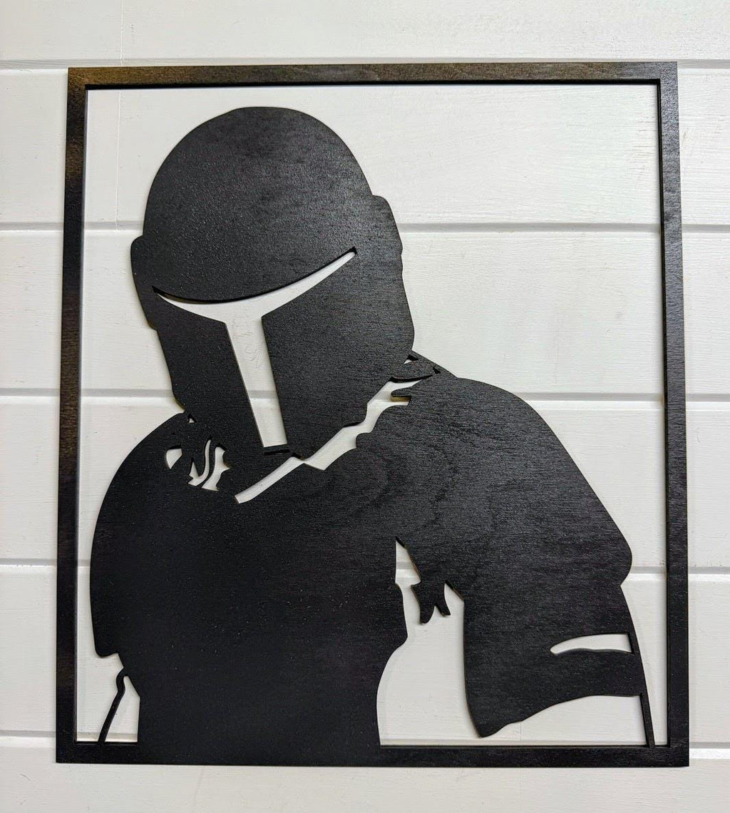 Mandalorian Layered Wood Wall Art | 3D Star Wars Inspired Decor | Hand Painted Laser Cut Framed Sign | Beskar Helmet Fan Gift