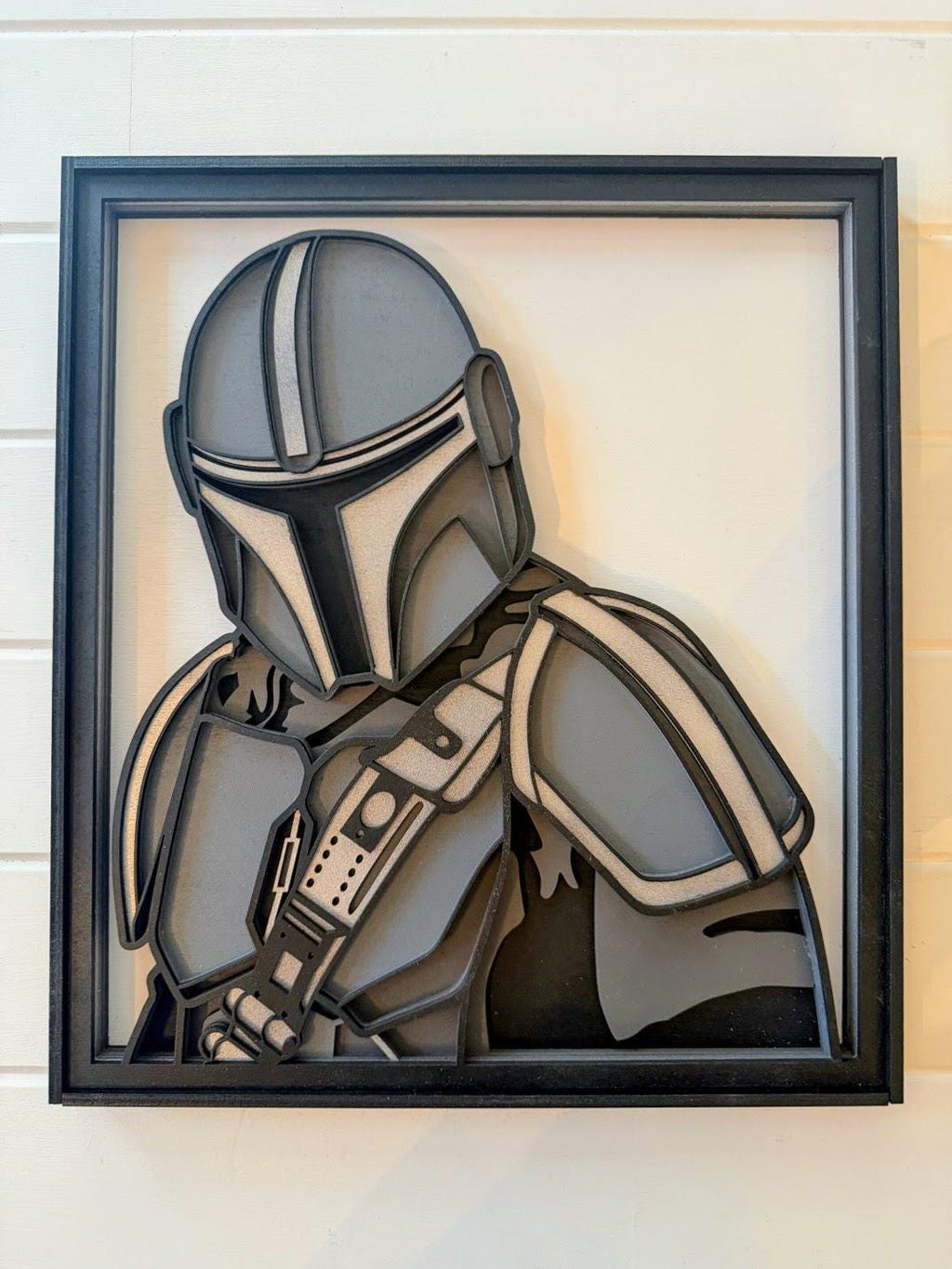 Mandalorian Layered Wood Wall Art | 3D Star Wars Inspired Decor | Hand Painted Laser Cut Framed Sign | Beskar Helmet Fan Gift
