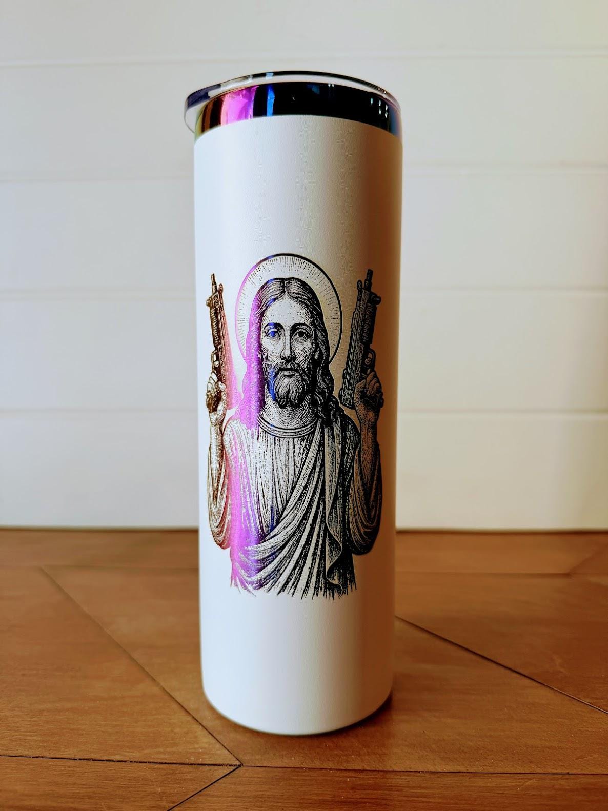 HeyZoos Gift Set – Uzi Jesus Tumbler, Pin, Keychain – Dungeon Crawler Carl Inspired