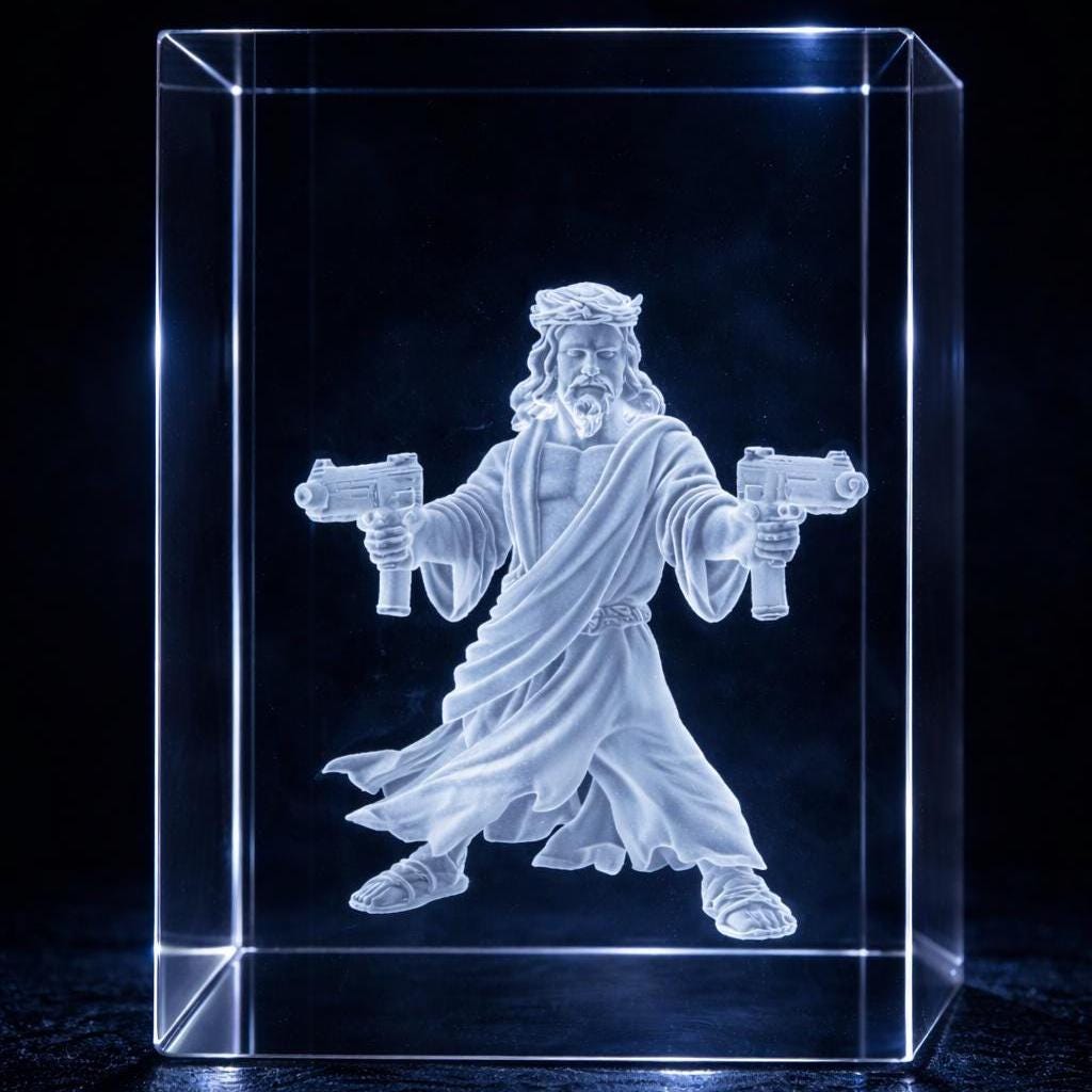 Uzi Jesus Glass Engraving | HeyZoos Dungeon Crawler Carl Crystal | 3D Laser Engraved Cube | Gamer Gift | Fantasy Collectible
