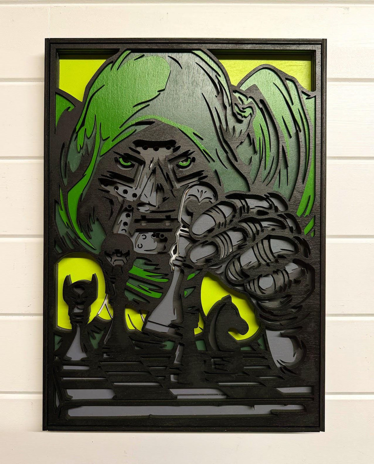 Dr Doom Layered Wood Wall Art | Marvel Inspired Decor | 3D Laser Cut Framed Sign | Supervillain Wall Art | Nerd Room Decor