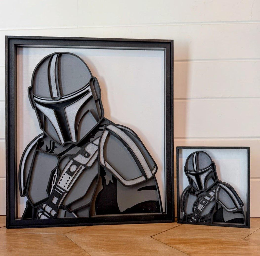 Mandalorian Layered Wood Wall Art | 3D Star Wars Inspired Decor | Hand Painted Laser Cut Framed Sign | Beskar Helmet Fan Gift