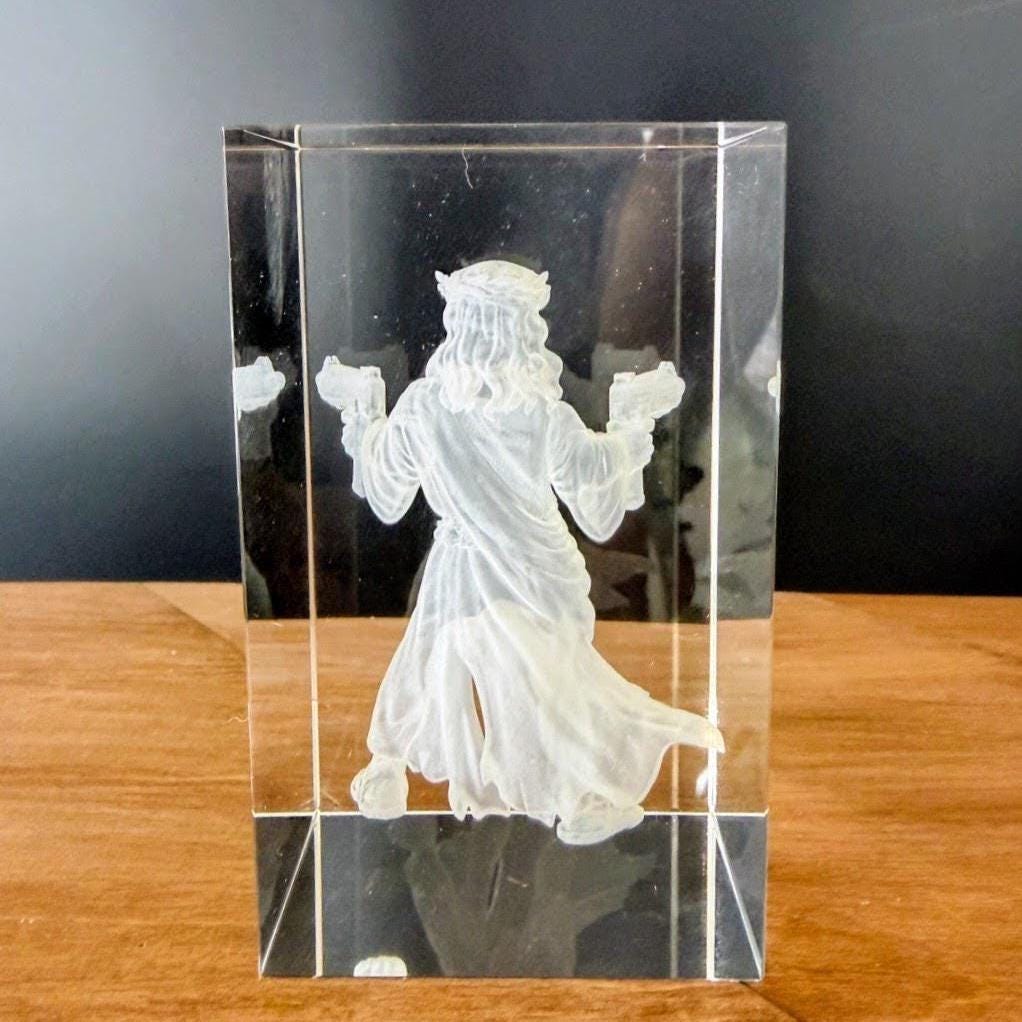 Uzi Jesus Glass Engraving | HeyZoos Dungeon Crawler Carl Crystal | 3D Laser Engraved Cube | Gamer Gift | Fantasy Collectible