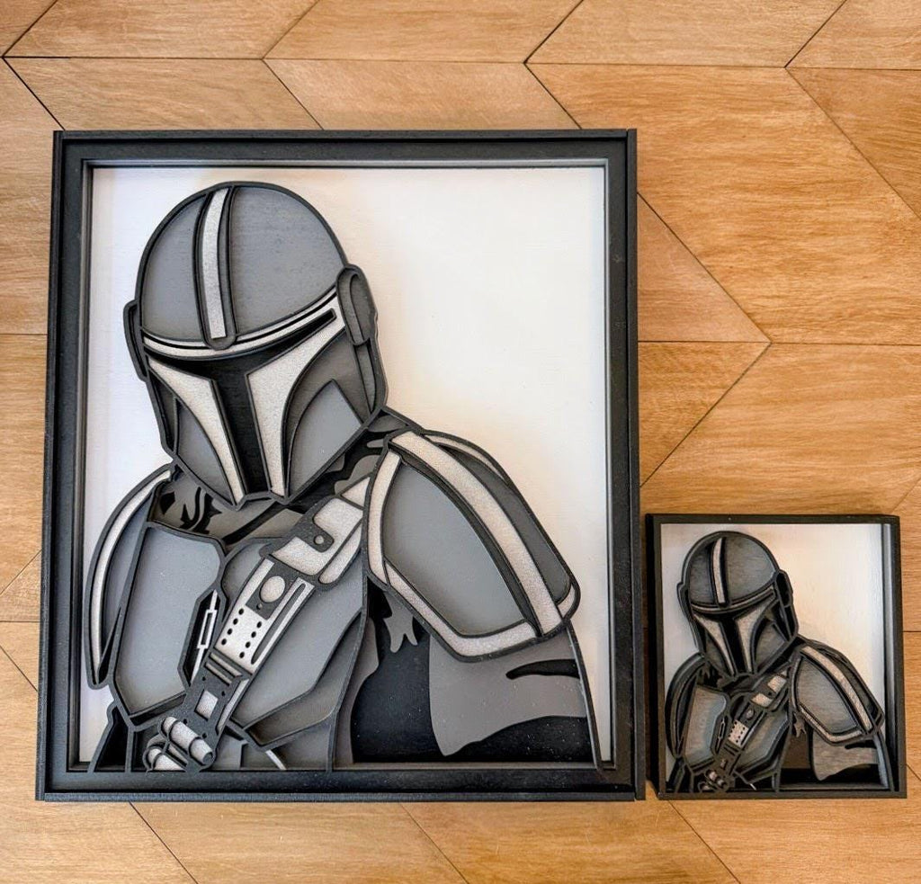 Mandalorian Layered Wood Wall Art | 3D Star Wars Inspired Decor | Hand Painted Laser Cut Framed Sign | Beskar Helmet Fan Gift