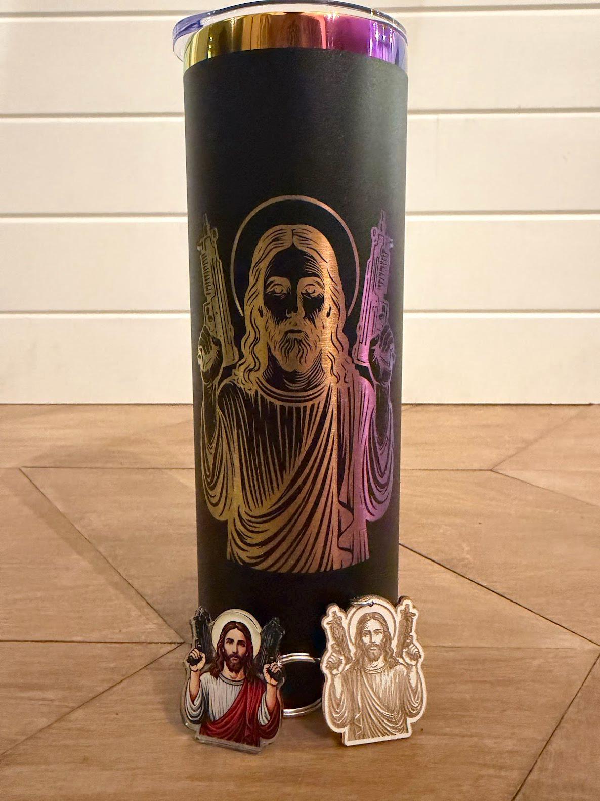 HeyZoos Gift Set – Uzi Jesus Tumbler, Pin, Keychain – Dungeon Crawler Carl Inspired