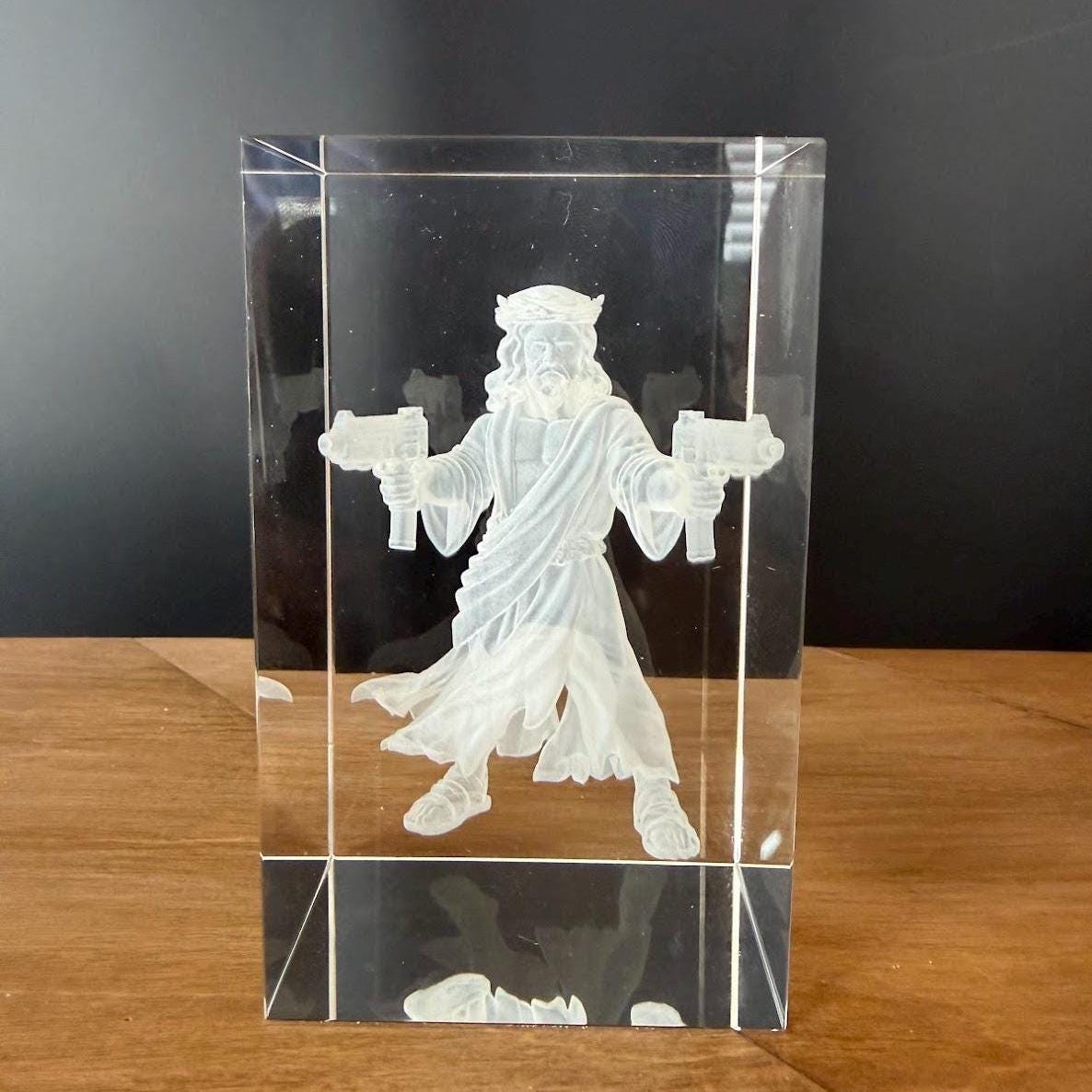 Uzi Jesus Glass Engraving | HeyZoos Dungeon Crawler Carl Crystal | 3D Laser Engraved Cube | Gamer Gift | Fantasy Collectible