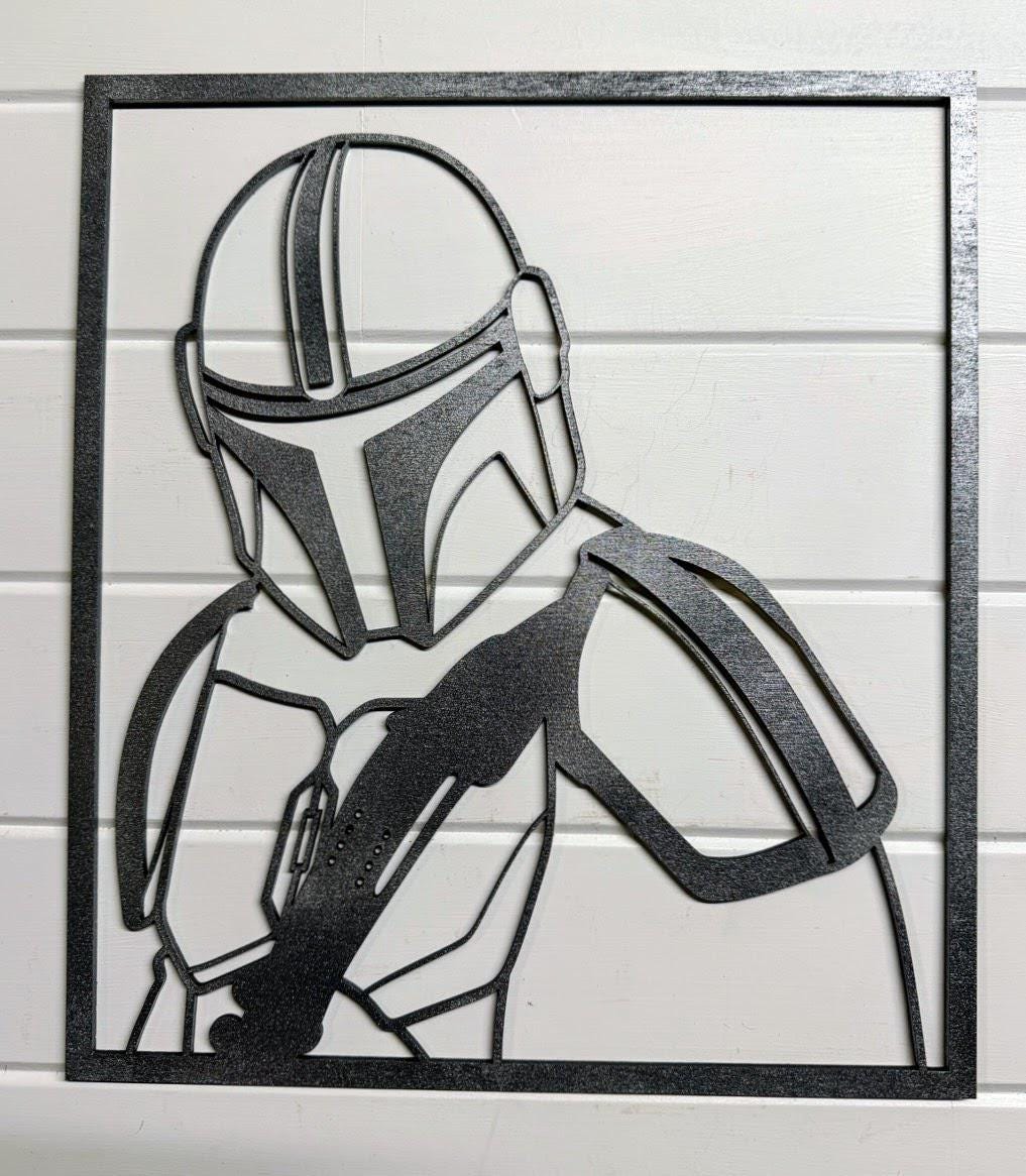 Mandalorian Layered Wood Wall Art | 3D Star Wars Inspired Decor | Hand Painted Laser Cut Framed Sign | Beskar Helmet Fan Gift