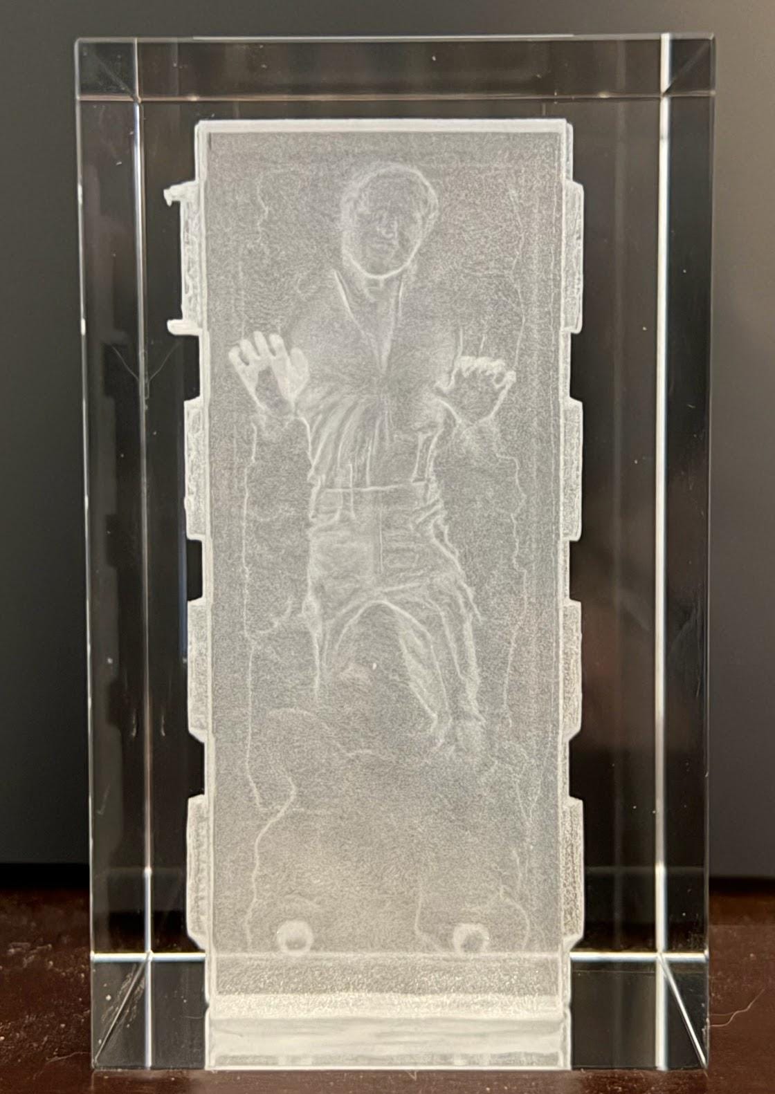 Han Solo in Carbonite Crystal Cube | Laser Engraved Star Wars Display | 3D Glass Block Collectible | Sci Fi Fan Gift Decor
