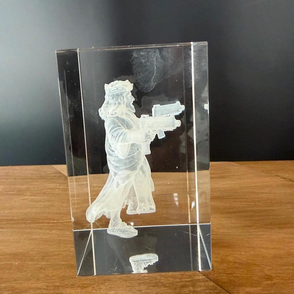 Uzi Jesus Glass Engraving | HeyZoos Dungeon Crawler Carl Crystal | 3D Laser Engraved Cube | Gamer Gift | Fantasy Collectible