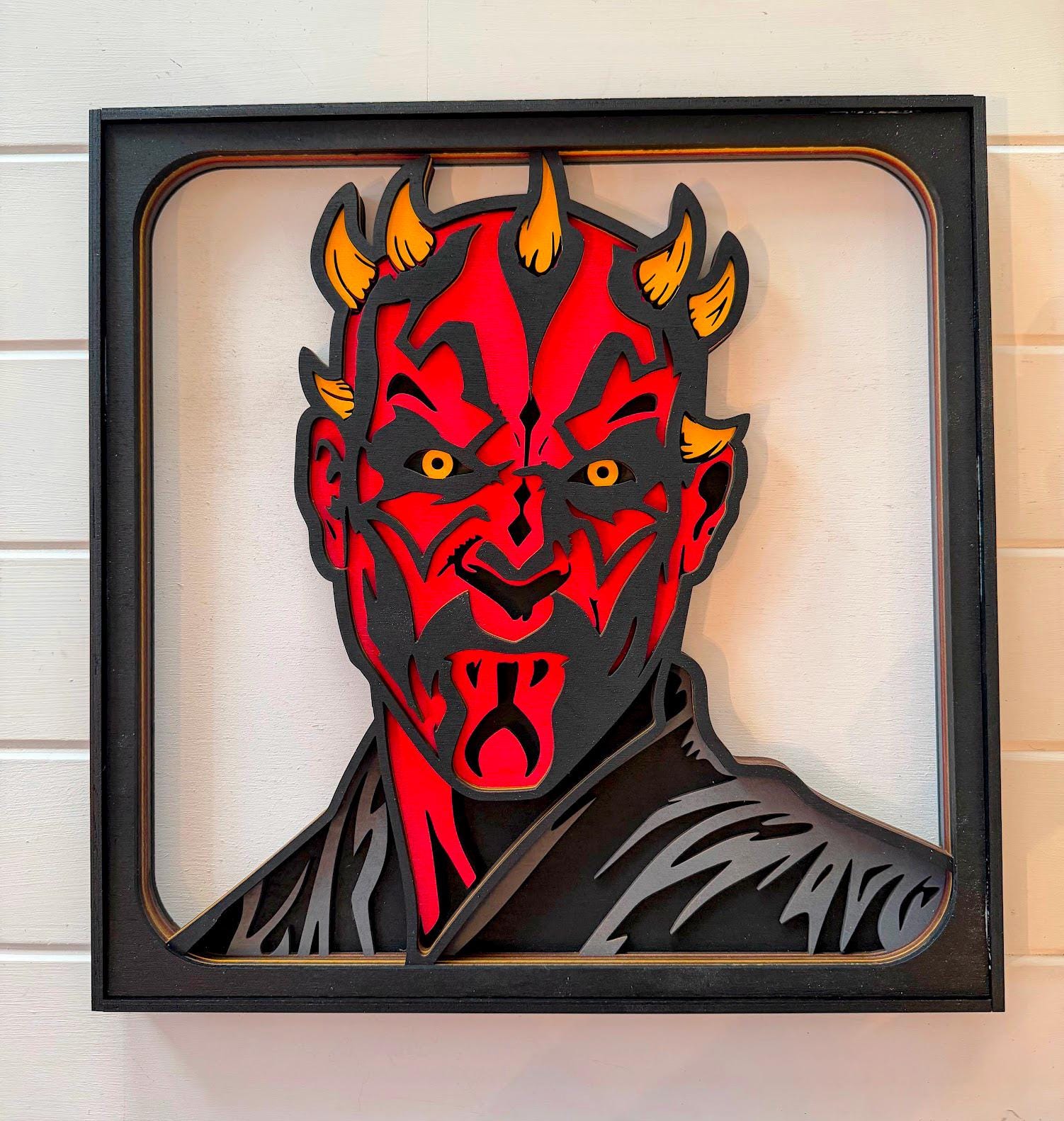 Darth Maul Layered Wood Wall Art | Star Wars Inspired Decor | 3D Laser Cut Framed Sign | Sith Wall Art | Nerd Room Decor