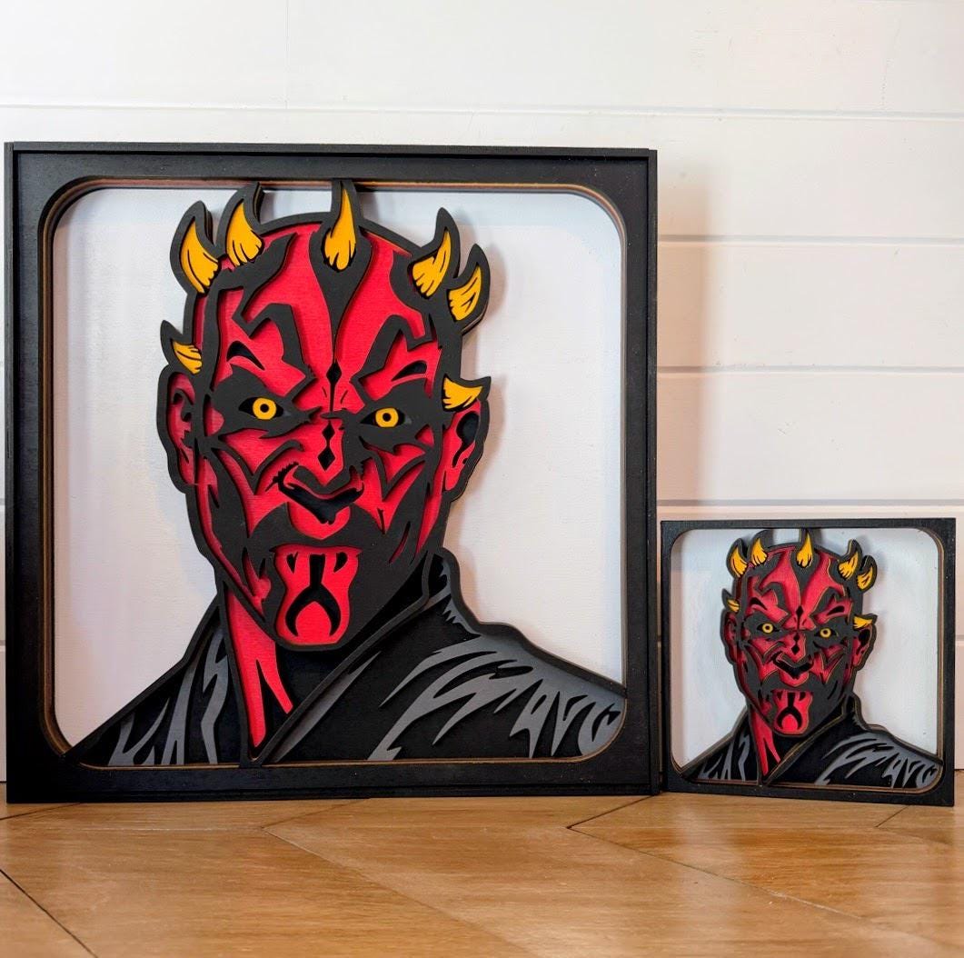 Darth Maul Layered Wood Wall Art | Star Wars Inspired Decor | 3D Laser Cut Framed Sign | Sith Wall Art | Nerd Room Decor