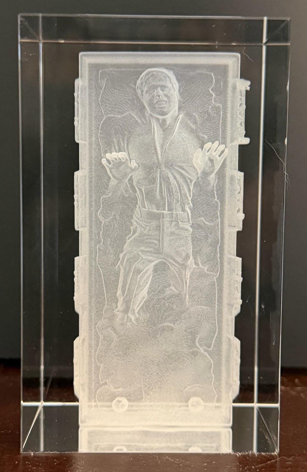Han Solo in Carbonite Crystal Cube | Laser Engraved Star Wars Display | 3D Glass Block Collectible | Sci Fi Fan Gift Decor