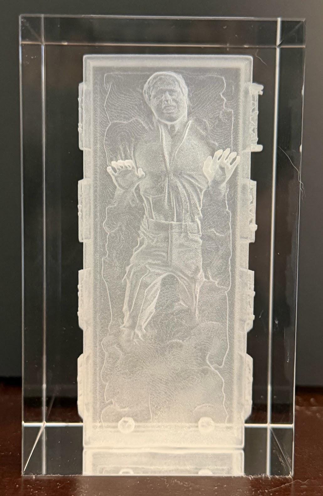 Han Solo in Carbonite Crystal Cube | Laser Engraved Star Wars Display | 3D Glass Block Collectible | Sci Fi Fan Gift Decor