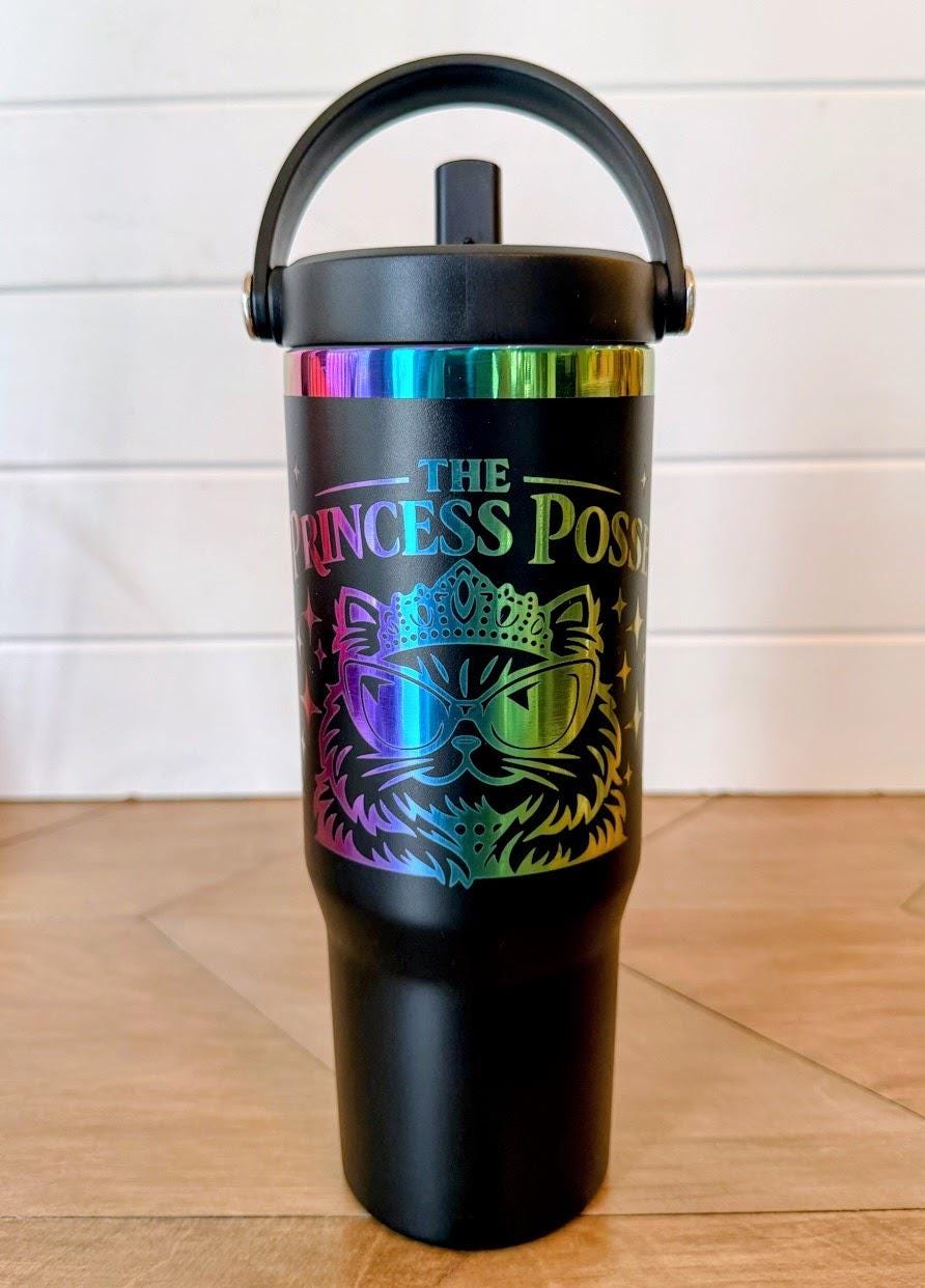 Princess Posse Tumbler | Dungeon Crawler Carl Princess Donut | 30oz Rainbow Engraved Cup | Black White Stainless Steel
