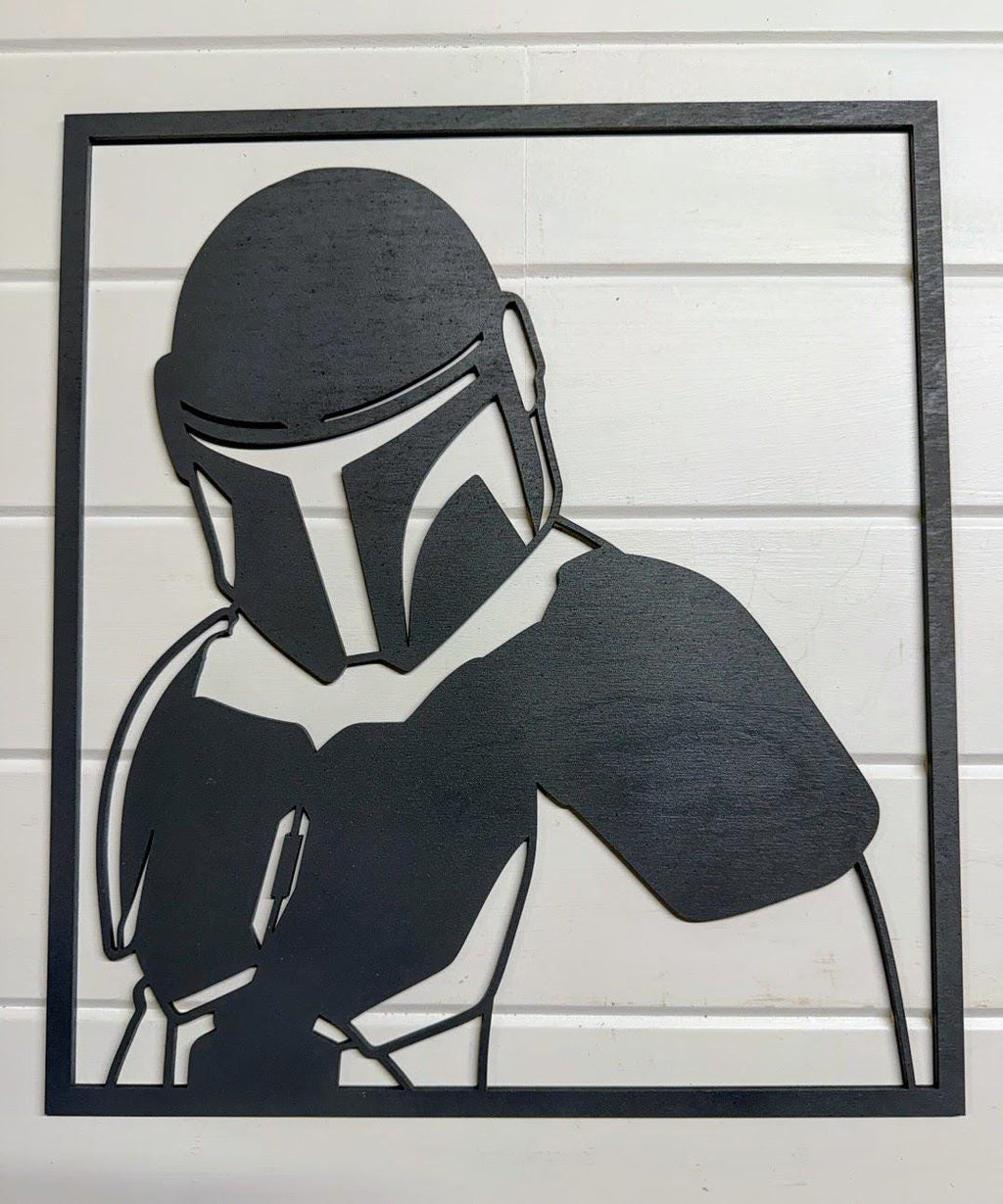Mandalorian Layered Wood Wall Art | 3D Star Wars Inspired Decor | Hand Painted Laser Cut Framed Sign | Beskar Helmet Fan Gift