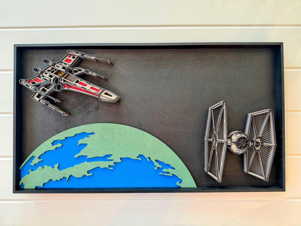 Star Wars Inspired X-Wing vs TIE Fighter Wall Art | Layered Wood Space Battle | Yavin Planet Scene | Laser Cut Sci-Fi Decor