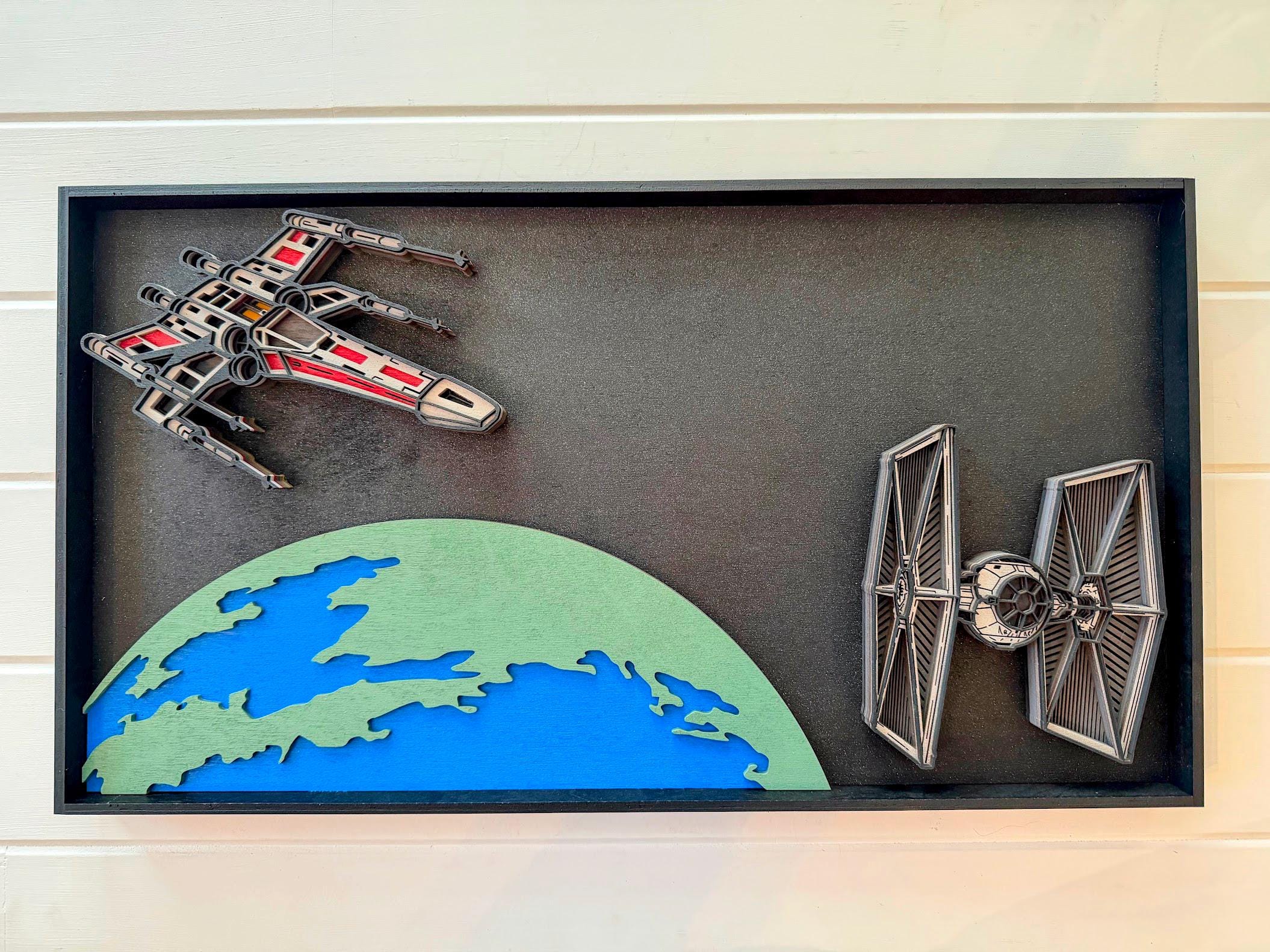 Star Wars Inspired X-Wing vs TIE Fighter Wall Art | Layered Wood Space Battle | Yavin Planet Scene | Laser Cut Sci-Fi Decor