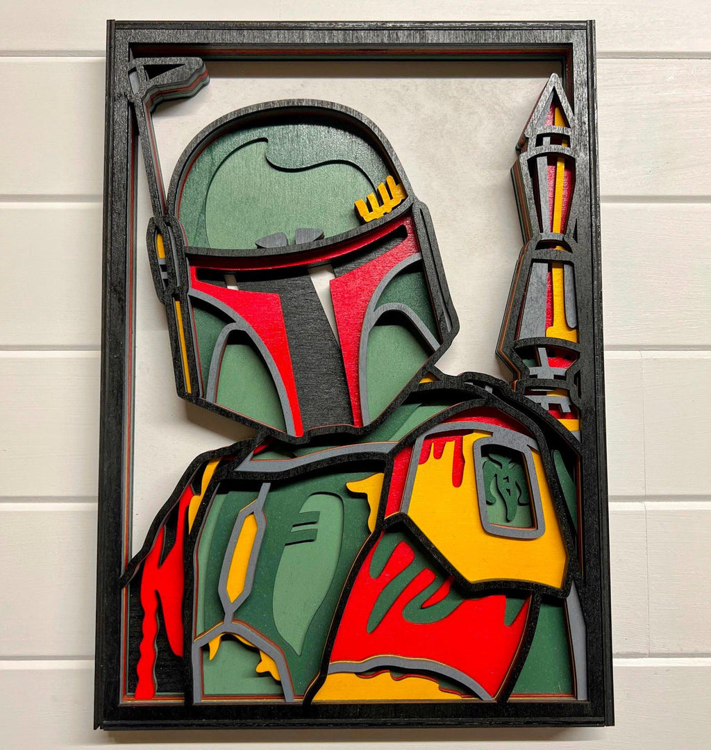 Boba Fett Layered Wood Wall Art | 3D Laser Cut Star Wars Decor | Mandalorian Bounty Hunter Sign | Handmade Sci-Fi Wall Hanging - Large