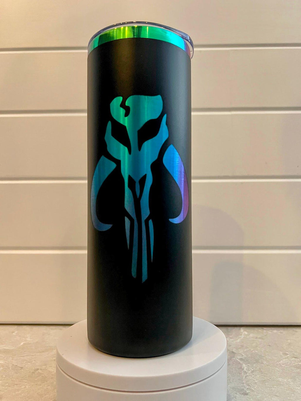 Boba Fett Tumbler | 20oz or 30oz Rainbow Laser Engraved Cup | Star Wars Bounty Hunter Gift | Mandalorian Crest Drinkware