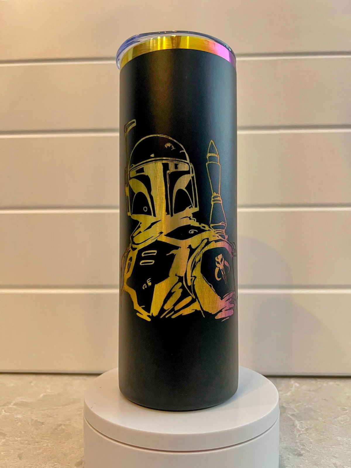 Boba Fett Tumbler | 20oz or 30oz Rainbow Laser Engraved Cup | Star Wars Bounty Hunter Gift | Mandalorian Crest Drinkware