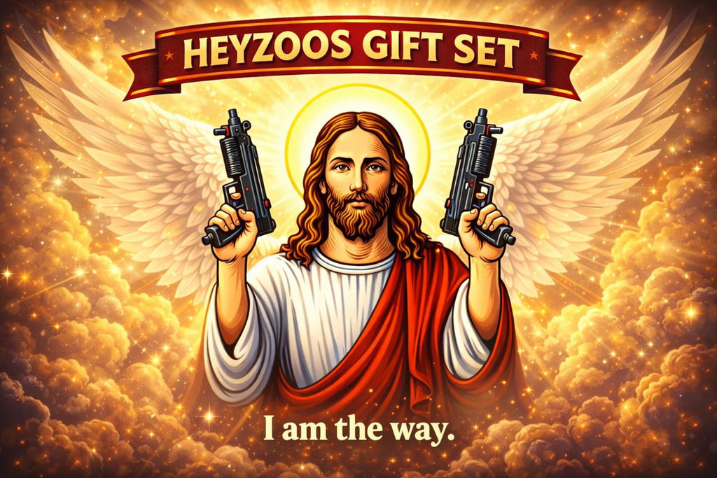 HeyZoos Gift Set – Uzi Jesus Tumbler, Pin, Keychain – Dungeon Crawler Carl Inspired