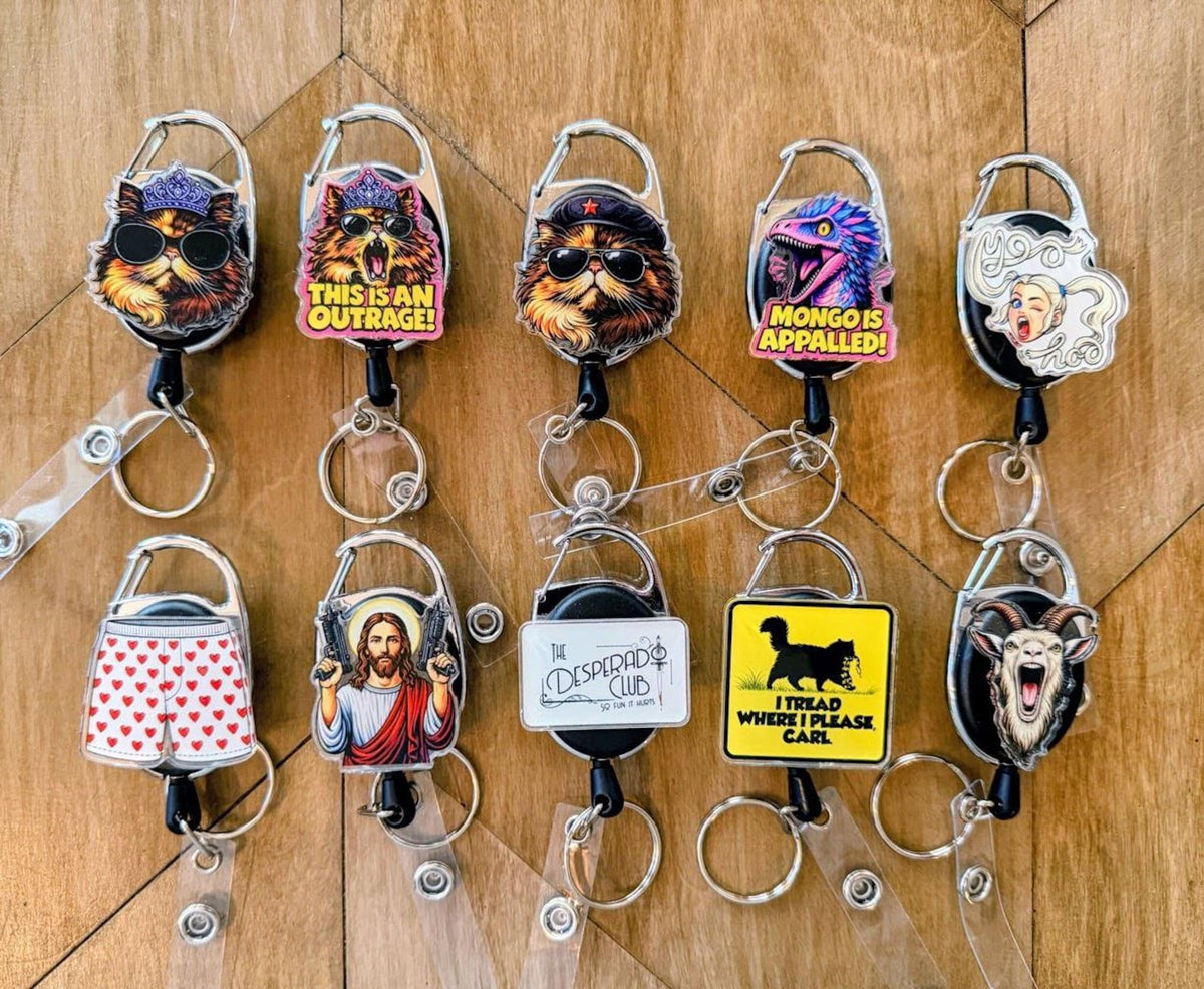 Dungeon Crawler Carl Inspired Badge Reel | Nurse ID Holder | Princess Donut, Mongo Is Appalled, Desperado Club | Retractable Badge Clip