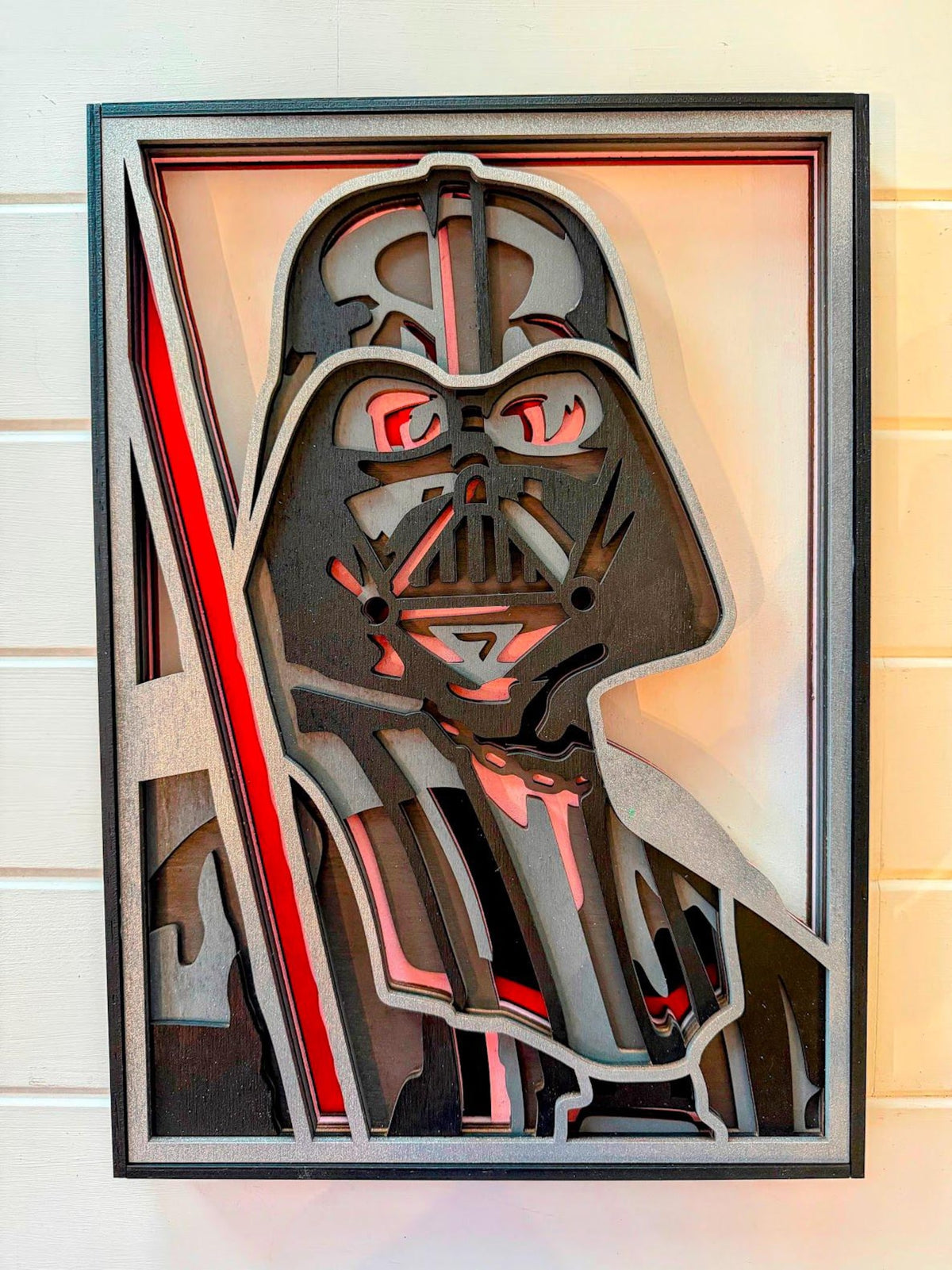 Darth Vader Layered Wood Wall Art | Star Wars Inspired Decor | 3D Laser Cut Framed Sign | Sith Wall Art | Nerd Room Decor