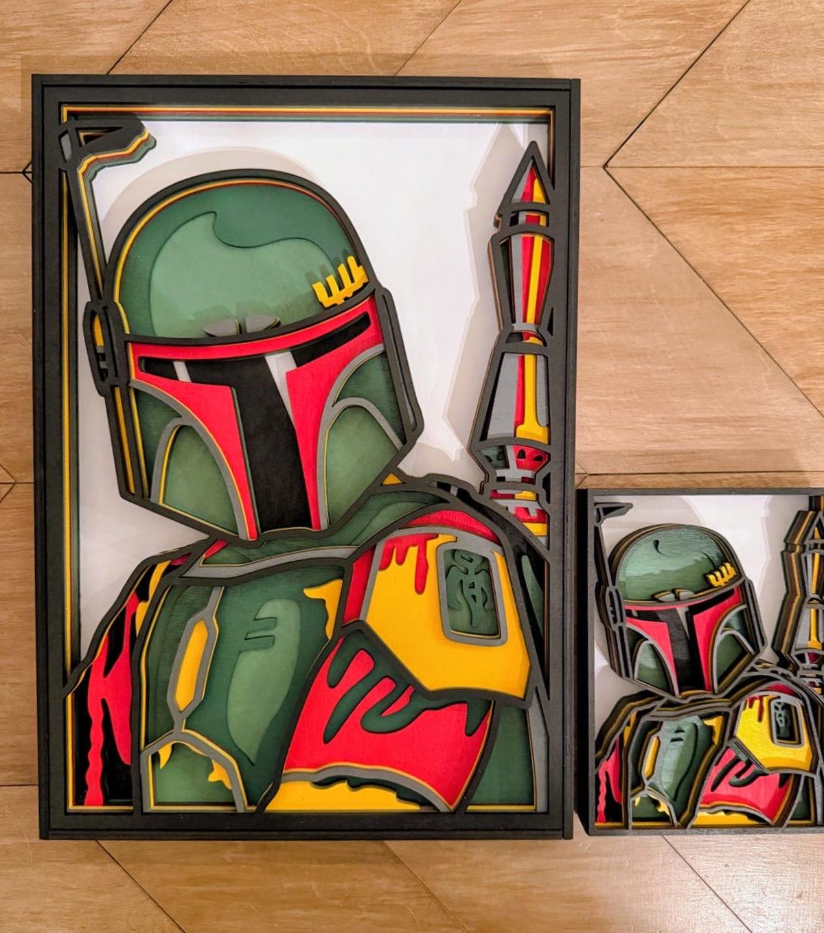 Boba Fett Layered Wood Wall Art | 3D Laser Cut Star Wars Decor | Mandalorian Bounty Hunter Sign | Handmade Sci-Fi Wall Hanging - Large