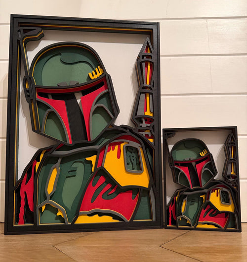 Boba Fett Layered Wood Wall Art | 3D Laser Cut Star Wars Decor | Mandalorian Bounty Hunter Sign | Handmade Sci-Fi Wall Hanging - Large