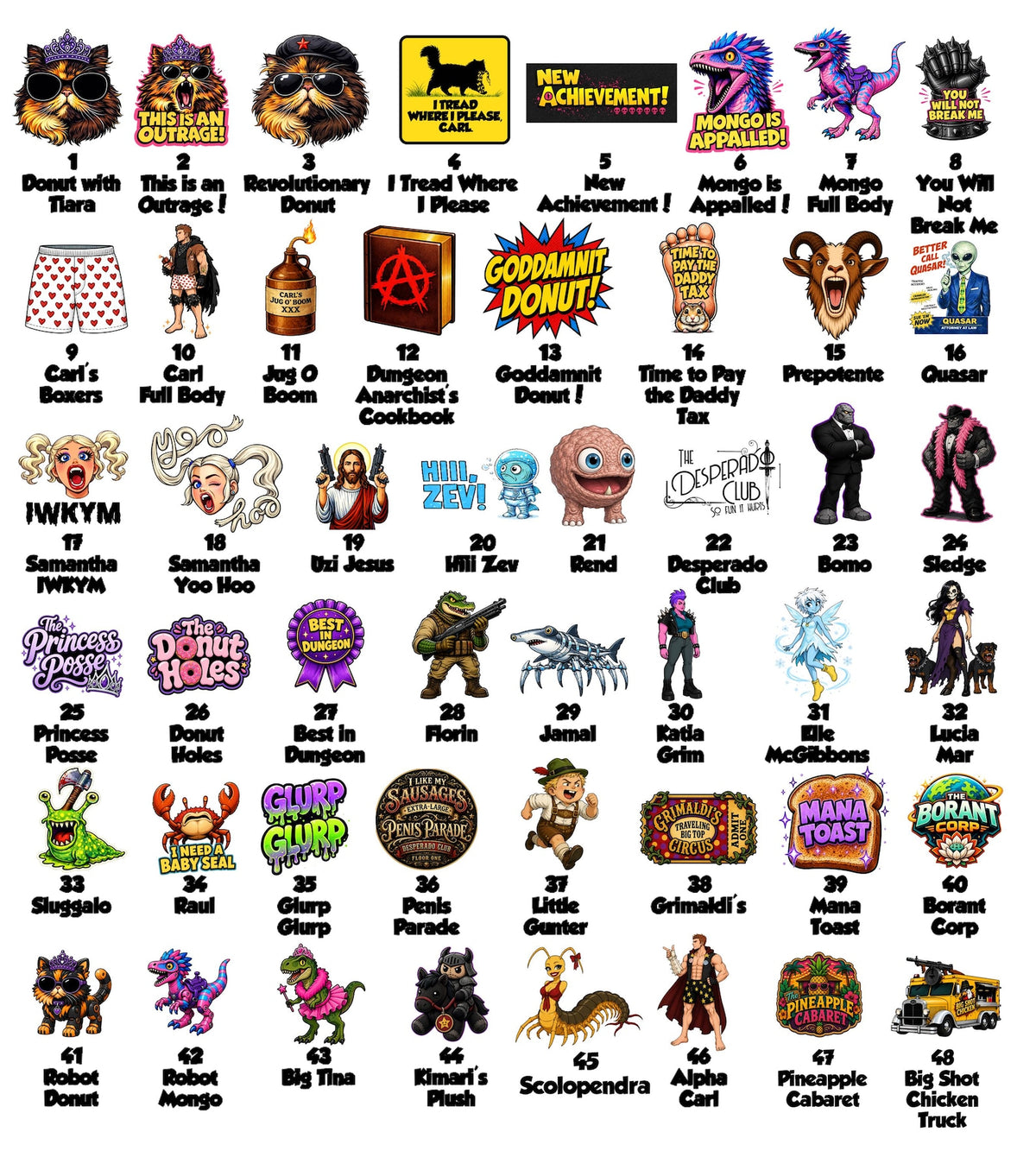 Dungeon Crawler Carl Acrylic Pins | Princess Donut, Mongo, Prepotente Designs (48 Designs)