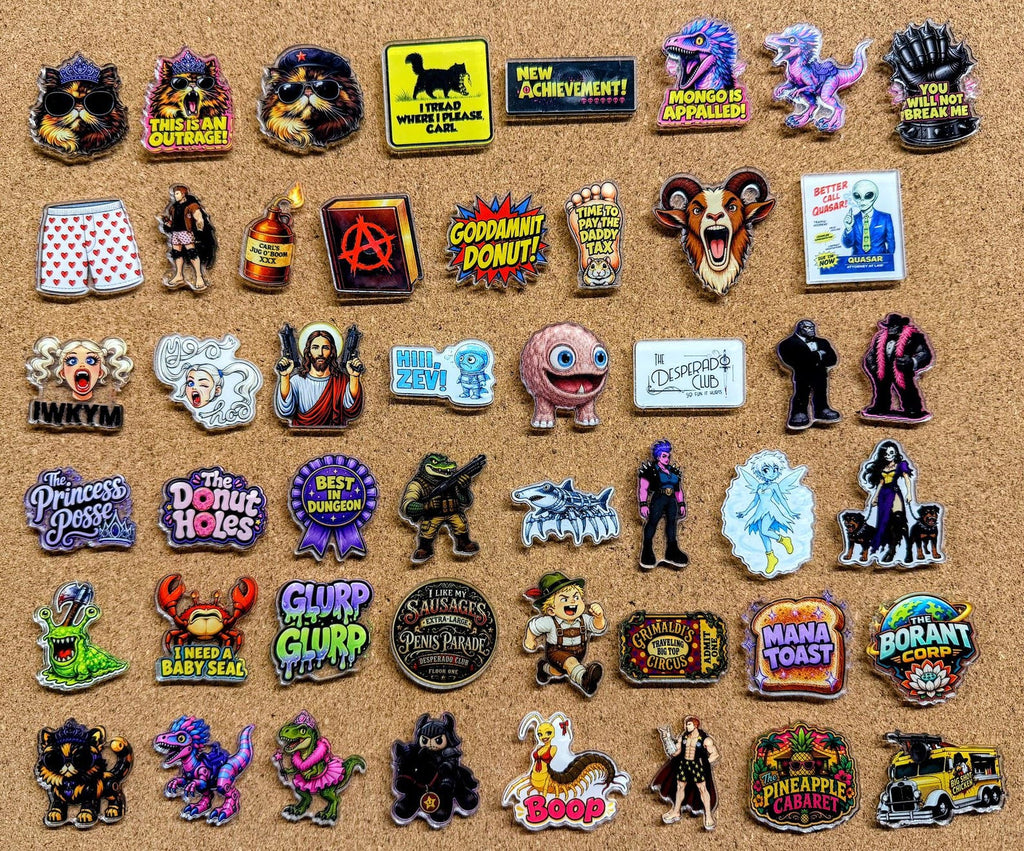 Dungeon Crawler Carl Acrylic Pins | Princess Donut, Mongo, Prepotente Designs (48 Designs)