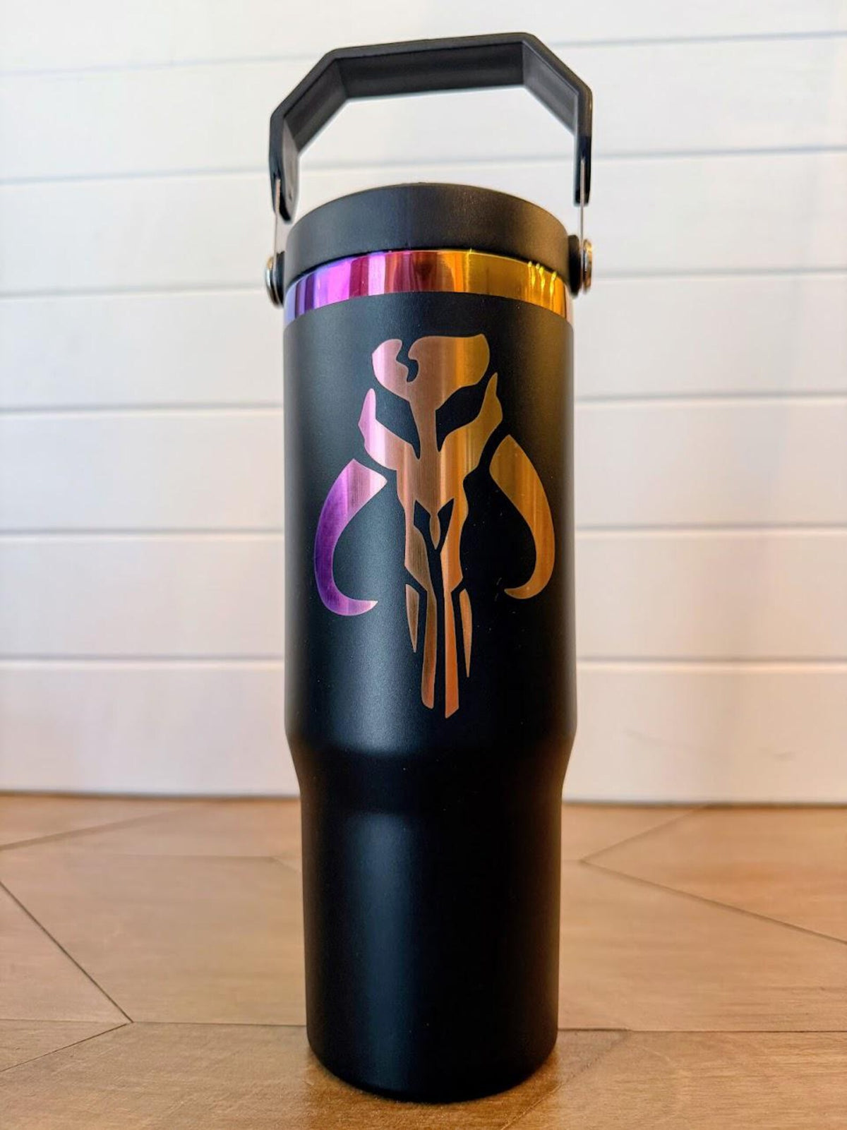 Boba Fett Tumbler | 20oz or 30oz Rainbow Laser Engraved Cup | Star Wars Bounty Hunter Gift | Mandalorian Crest Drinkware
