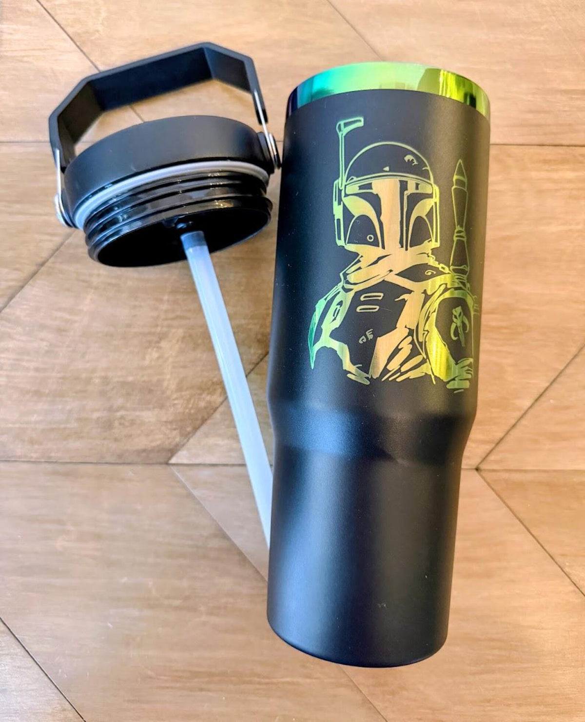 Boba Fett Tumbler | 20oz or 30oz Rainbow Laser Engraved Cup | Star Wars Bounty Hunter Gift | Mandalorian Crest Drinkware
