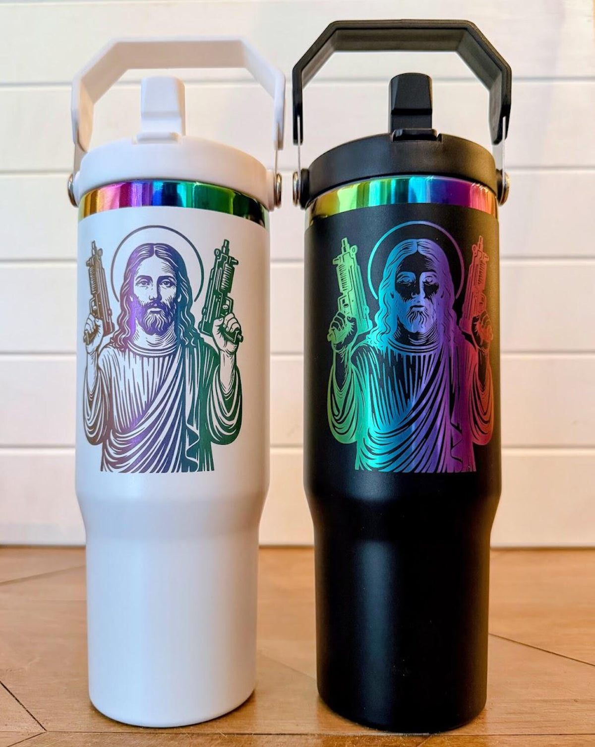 HeyZoos, Uzi Jesus Tumbler | Dungeon Crawler Carl | 20oz or 30oz Rainbow Engraved Cup | Black or White