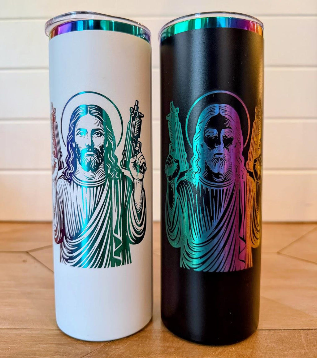 HeyZoos Gift Set – Uzi Jesus Tumbler, Pin, Keychain – Dungeon Crawler Carl Inspired