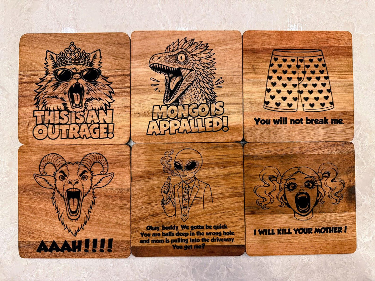 Dungeon Crawler Carl Wooden Coaster Set | 6 Laser Engraved Acacia Coasters | Princess Donut, Mongo & Prepotente | LitRPG Gift