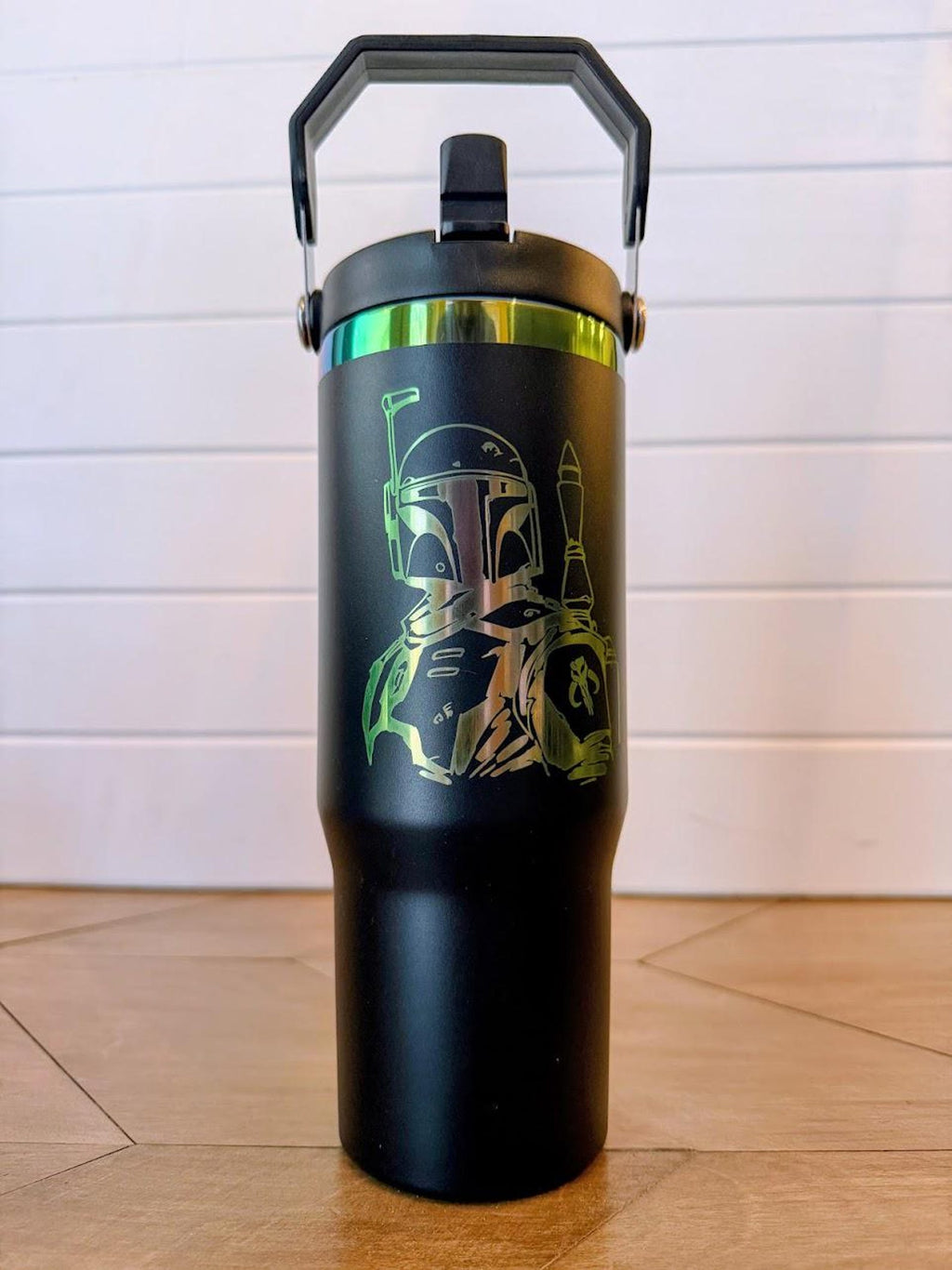 Boba Fett Tumbler | 20oz or 30oz Rainbow Laser Engraved Cup | Star Wars Bounty Hunter Gift | Mandalorian Crest Drinkware