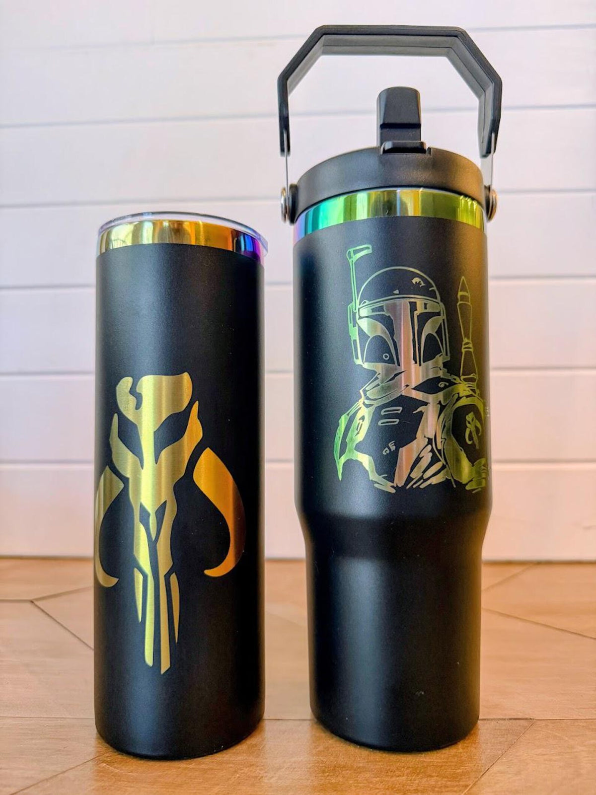 Boba Fett Tumbler | 20oz or 30oz Rainbow Laser Engraved Cup | Star Wars Bounty Hunter Gift | Mandalorian Crest Drinkware
