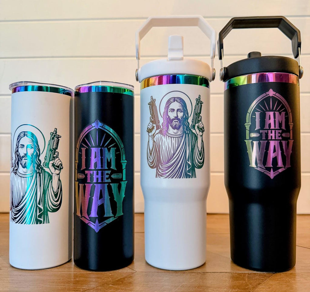 HeyZoos, Uzi Jesus Tumbler | Dungeon Crawler Carl | 20oz or 30oz Rainbow Engraved Cup | Black or White