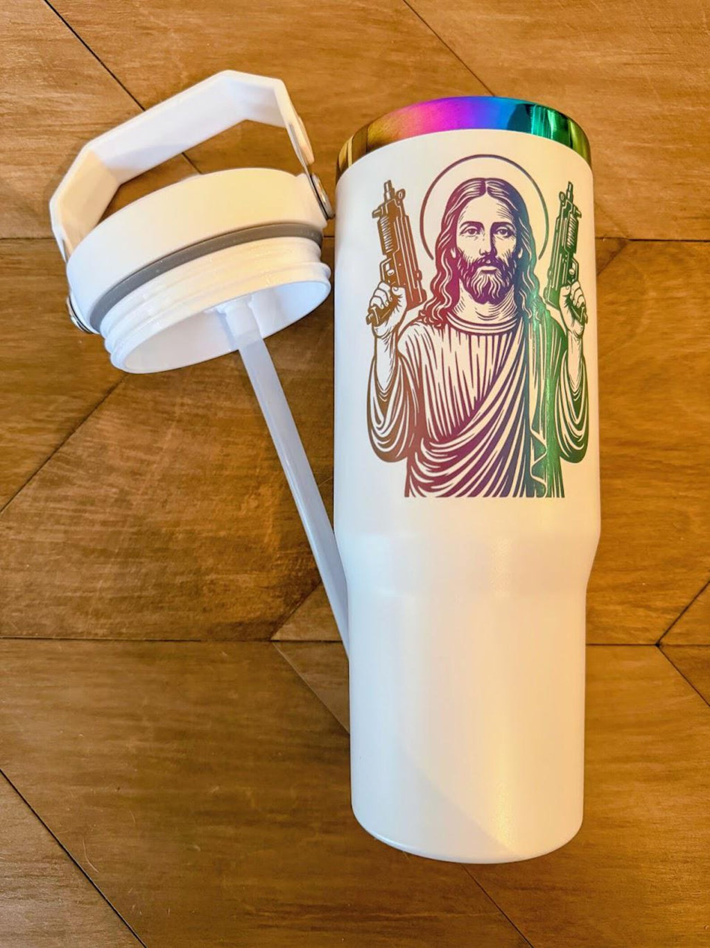 HeyZoos, Uzi Jesus Tumbler | Dungeon Crawler Carl | 20oz or 30oz Rainbow Engraved Cup | Black or White