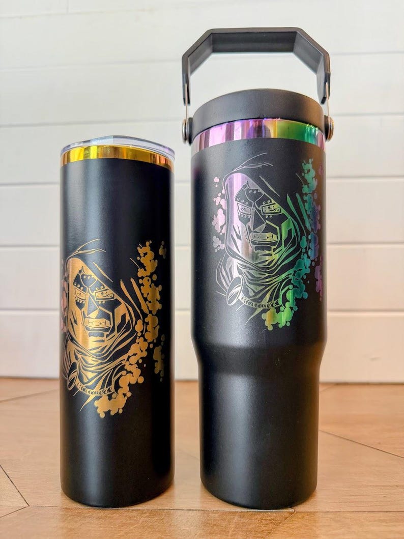 Doctor Doom Tumbler | 20oz or 30oz Rainbow Laser Engraved Cup | Victor Von Doom Marvel Villain Gift