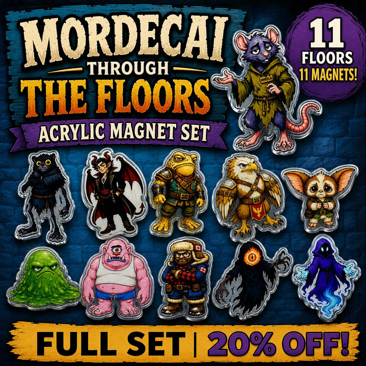 Mordecai Through the Floors Magnets | Dungeon Crawler Carl Mordecai Collection | 11 Acrylic Character Designs | DCC LitRPG Gift