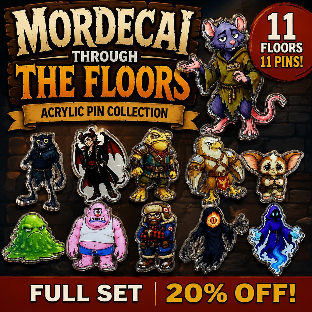 Mordecai Through the Floors Acrylic Pins | Dungeon Crawler Carl Mordecai Collection | 11 DCC Character Designs | LitRPG Pin