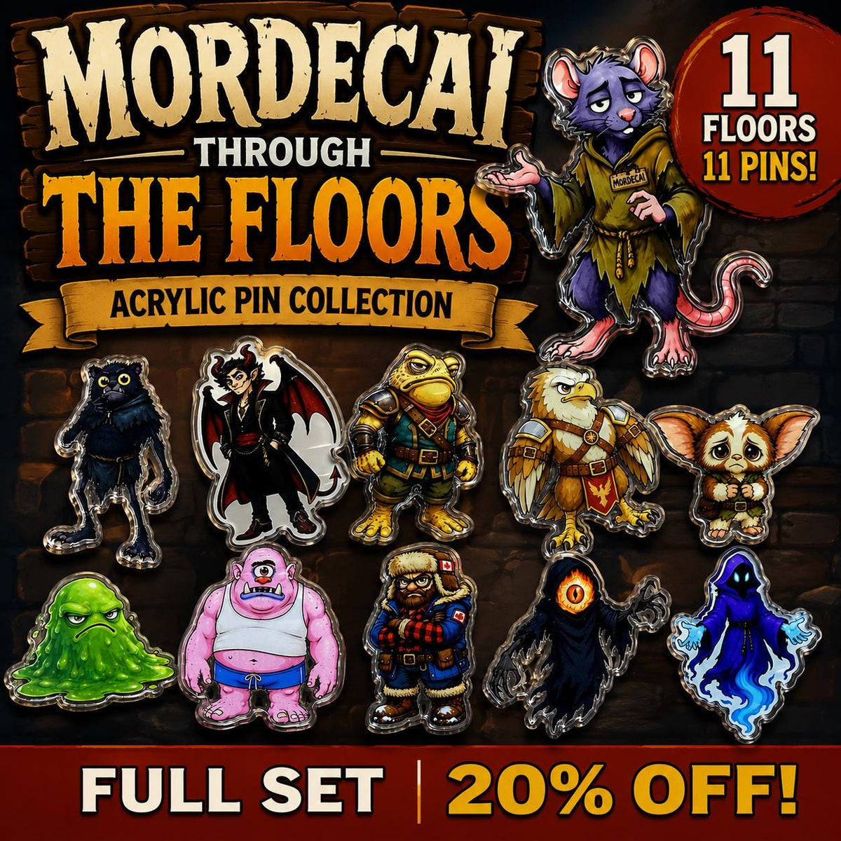 Mordecai Through the Floors Acrylic Pins | Dungeon Crawler Carl Mordecai Collection | 11 DCC Character Designs | LitRPG Pin