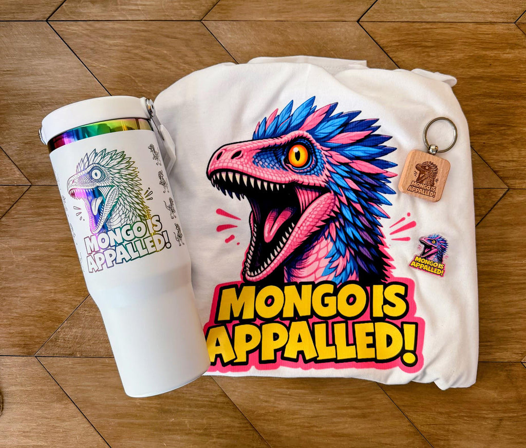 Mongo Is Appalled Loot Box | Dungeon Crawler Carl Mongo Gift Set | DCC T-Shirt, 30oz Tumbler, Pin & Keychain | LitRPG Gift