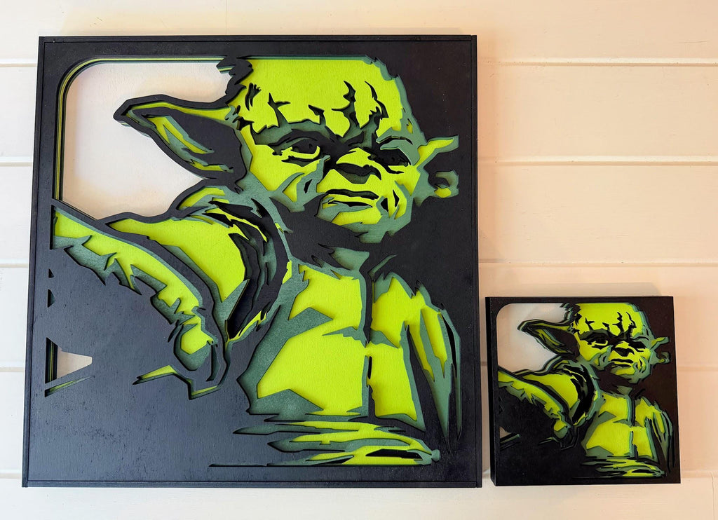 Yoda Layered Wood Wall Art | 3D Laser Cut Star Wars Decor | Hand-Painted 6-Layer Birch Jedi Master Art | Sci-Fi Gift