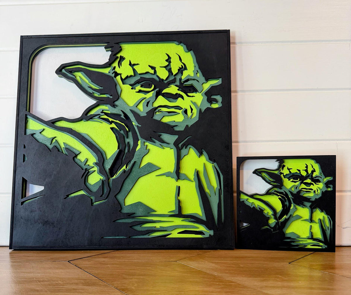 Yoda Layered Wood Wall Art | 3D Laser Cut Star Wars Decor | Hand-Painted 6-Layer Birch Jedi Master Art | Sci-Fi Gift